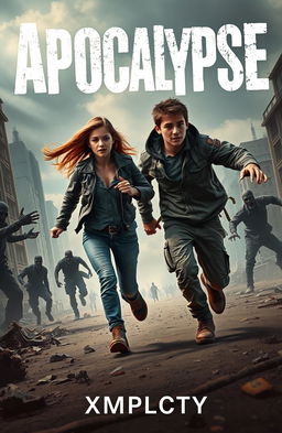 A dramatic book cover design for 'Apocalypse' by XMPLCTY, featuring a teenage girl and boy sprinting through a desolate urban landscape, desperately escaping from a horde of zombies