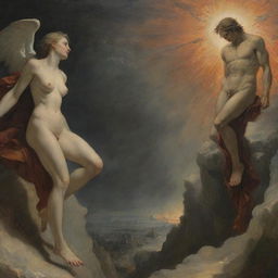 In a dramatic juxtaposition of Heaven and Hell, illustrate figures in torment observing the serene beauty of Heaven, their expressions a mixture of despair and resignation to their fate.