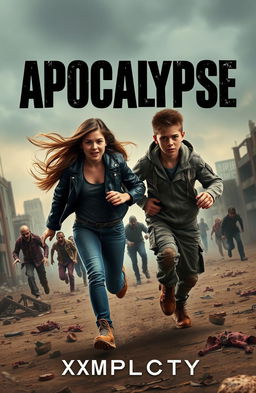 A dramatic book cover design for 'Apocalypse' by XMPLCTY, featuring a teenage girl and boy sprinting through a desolate urban landscape, desperately escaping from a horde of zombies