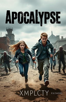 A dramatic book cover design for 'Apocalypse' by XMPLCTY, featuring a teenage girl and boy sprinting through a desolate urban landscape, desperately escaping from a horde of zombies