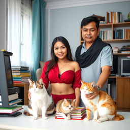 A beautiful Indonesian wife with a slim figure and large breasts, of mixed Indonesian descent, surrounded by two adorable cats in a clean and organized home