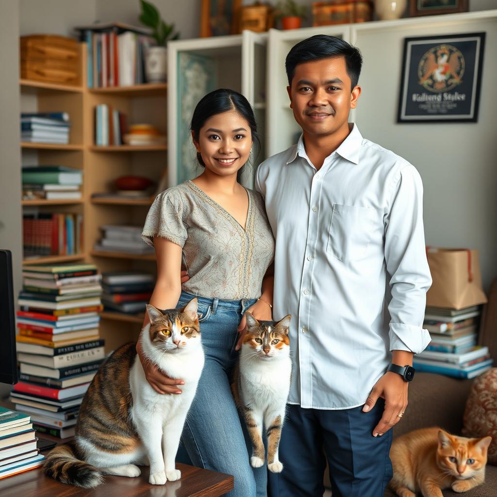 A beautiful Indonesian wife with a slim figure and large breasts, of mixed Indonesian descent, surrounded by two adorable cats in a clean and organized home