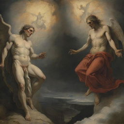 In a dramatic juxtaposition of Heaven and Hell, illustrate figures in torment observing the serene beauty of Heaven, their expressions a mixture of despair and resignation to their fate.