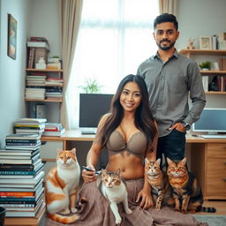 A beautiful Indonesian wife with a slim figure and large breasts, of mixed Indonesian descent, surrounded by two adorable cats in a clean and organized home