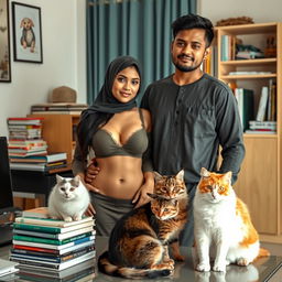 A beautiful Indonesian wife with a slim figure and large breasts, of mixed Indonesian descent, surrounded by two adorable cats in a clean and organized home