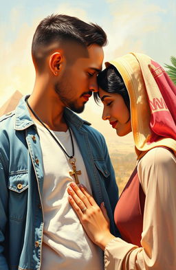 An American guy wearing a cross necklace and an Arabic girl gently touching foreheads in a beautiful Egyptian landscape, the background features pyramids and palm trees, painted in oil on canvas style, capturing the warmth and intimacy of their connection