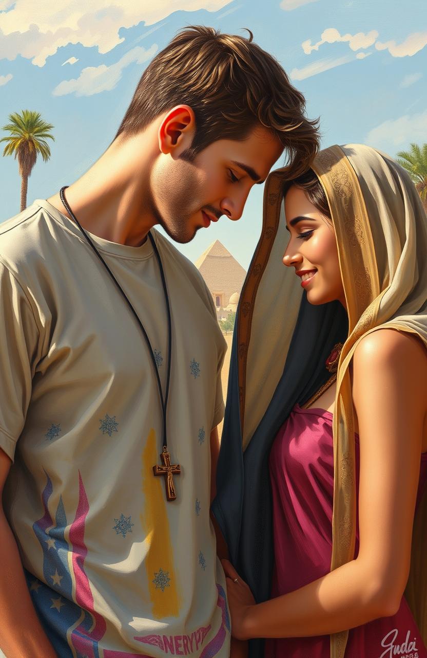 An American guy wearing a cross necklace and an Arabic girl gently touching foreheads in a beautiful Egyptian landscape, the background features pyramids and palm trees, painted in oil on canvas style, capturing the warmth and intimacy of their connection