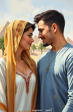 An American guy wearing a cross necklace and an Arabic girl gently touching foreheads in a beautiful Egyptian landscape, the background features pyramids and palm trees, painted in oil on canvas style, capturing the warmth and intimacy of their connection