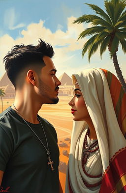 An American guy wearing a cross necklace and an Arabic girl gently touching foreheads in a beautiful Egyptian landscape, the background features pyramids and palm trees, painted in oil on canvas style, capturing the warmth and intimacy of their connection