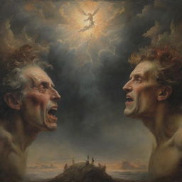 In a dramatic juxtaposition of Heaven and Hell, illustrate figures in torment observing the serene beauty of Heaven, their expressions a mixture of despair and resignation to their fate.
