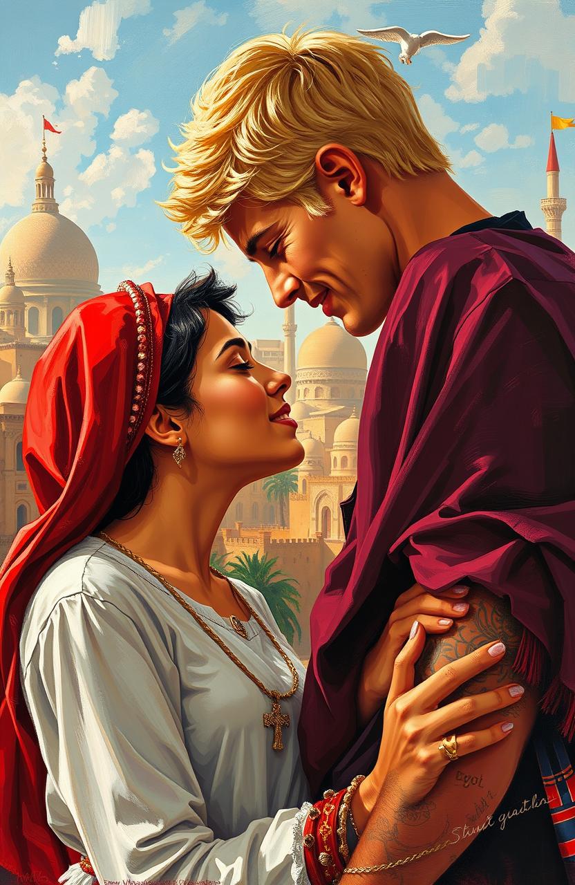 A romantic scene depicting an American blonde man with a cross necklace and an Arab girl touching foreheads in a warm affectionate gesture amidst the beautiful backdrop of Egypt