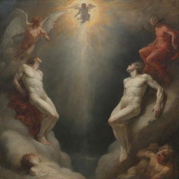 In a dramatic juxtaposition of Heaven and Hell, illustrate figures in torment observing the serene beauty of Heaven, their expressions a mixture of despair and resignation to their fate.