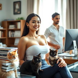 A beautiful, slim Indonesian woman with a large bust, of mixed European descent, sitting in a clean house