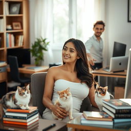 A beautiful, slim Indonesian woman with a large bust, of mixed European descent, sitting in a clean house