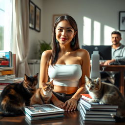 A beautiful, slim Indonesian woman with a large bust, of mixed European descent, sitting in a clean house