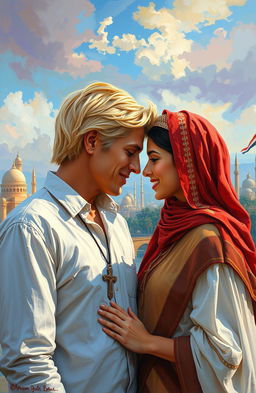 A romantic scene depicting an American blonde man with a cross necklace and an Arab girl touching foreheads in a warm affectionate gesture amidst the beautiful backdrop of Egypt