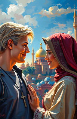 A romantic scene depicting an American blonde man with a cross necklace and an Arab girl touching foreheads in a warm affectionate gesture amidst the beautiful backdrop of Egypt