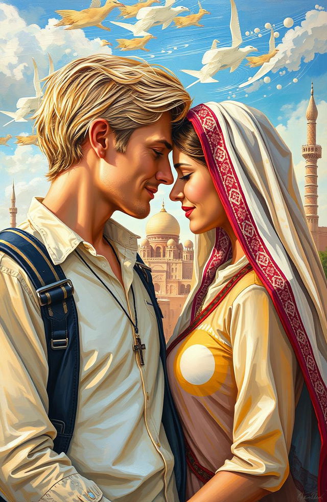 A romantic scene depicting an American blonde man with a cross necklace and an Arab girl touching foreheads in a warm affectionate gesture amidst the beautiful backdrop of Egypt