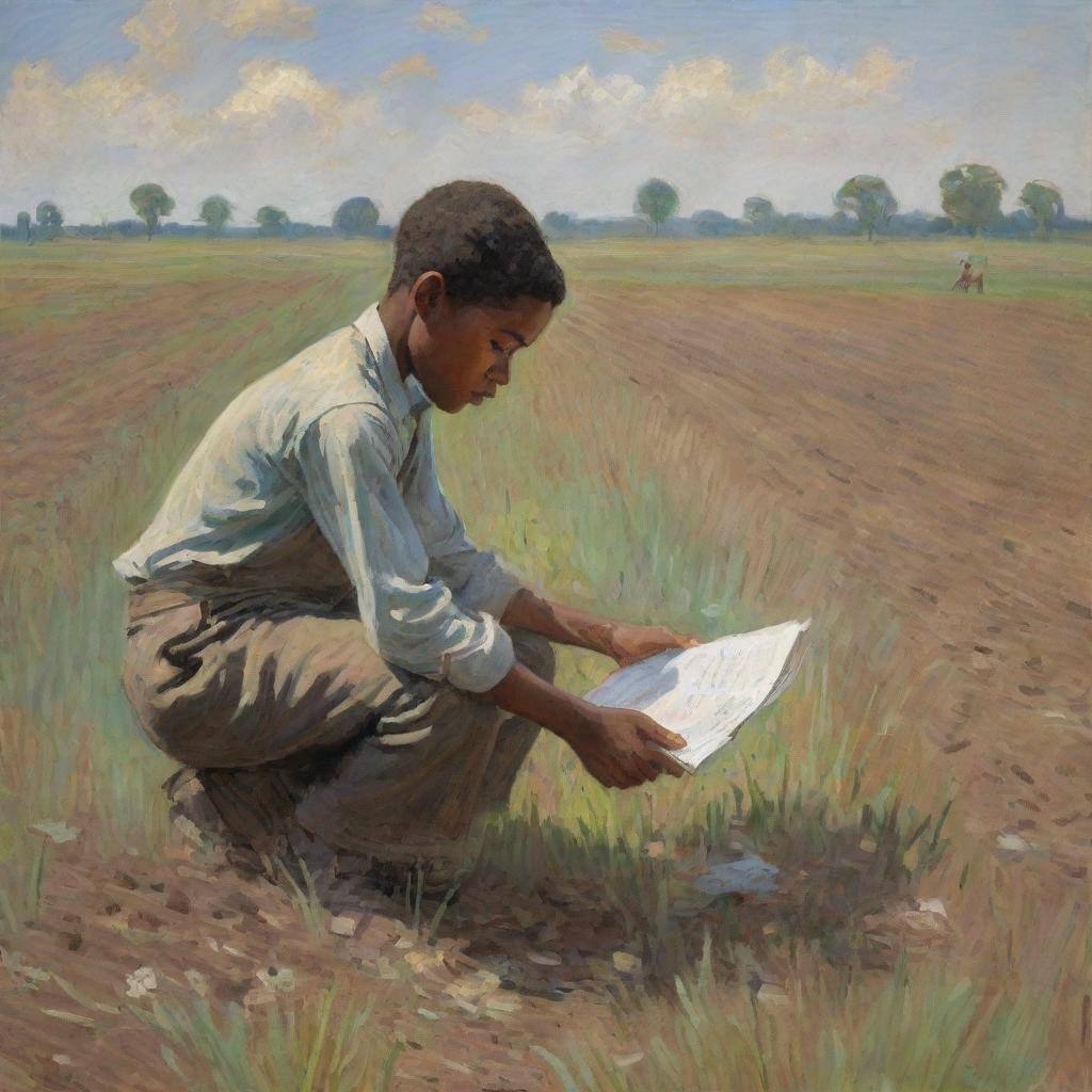 An illustration in the style of Claude Monet depicting an African American boy working diligently in a field. His body language and facial expressions mirror sadness and hardship, while the surrounding landscape echoes his emotions with impressionistic strokes of muted colors.