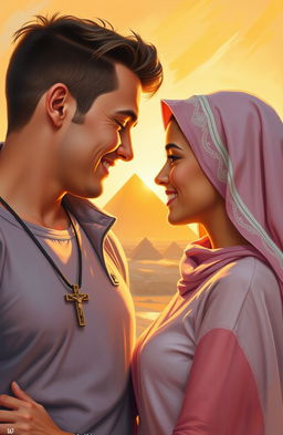 An American brunette guy with a cross necklace and an Arab girl gently touching foreheads in a romantic pose in Egypt