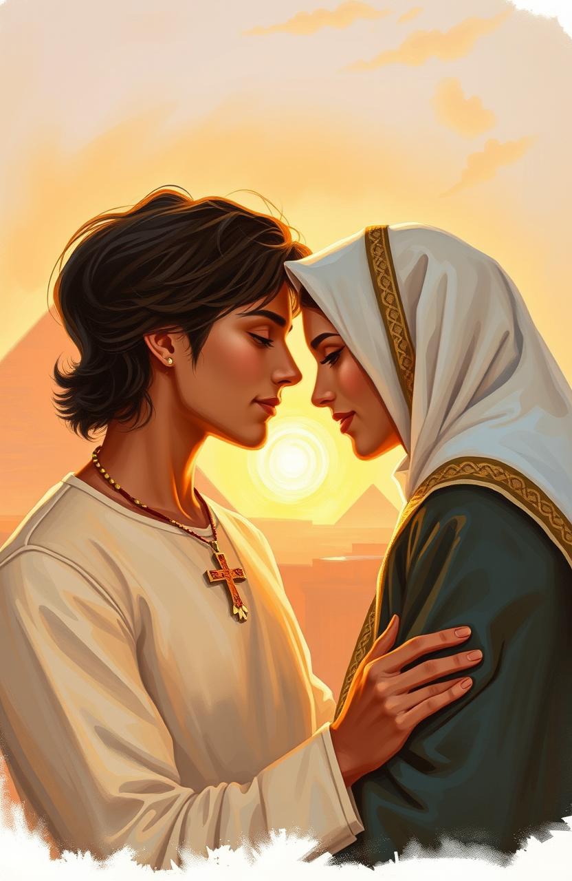 An American brunette guy with a cross necklace and an Arab girl gently touching foreheads in a romantic pose in Egypt