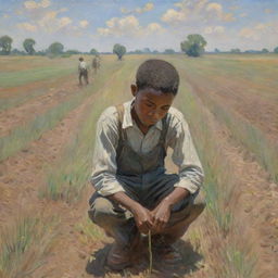 An illustration in the style of Claude Monet depicting an African American boy working diligently in a field. His body language and facial expressions mirror sadness and hardship, while the surrounding landscape echoes his emotions with impressionistic strokes of muted colors.