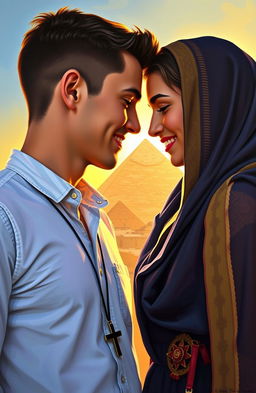 An American brunette guy with a cross necklace and an Arab girl gently touching foreheads in a romantic pose in Egypt