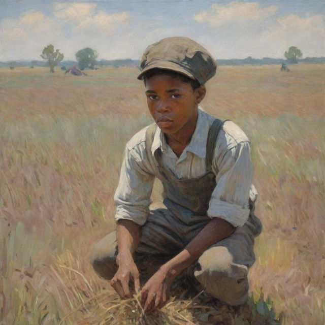 An illustration in the style of Claude Monet depicting an African American boy working diligently in a field. His body language and facial expressions mirror sadness and hardship, while the surrounding landscape echoes his emotions with impressionistic strokes of muted colors.