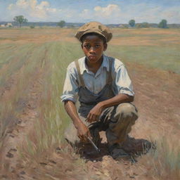 An illustration in the style of Claude Monet depicting an African American boy working diligently in a field. His body language and facial expressions mirror sadness and hardship, while the surrounding landscape echoes his emotions with impressionistic strokes of muted colors.