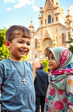 A scene depicting a five-year-old boy wearing a cross necklace, joyfully showing a beautiful church to a young Muslim girl