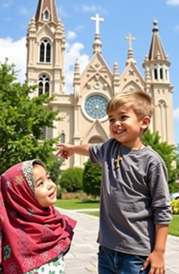 A scene depicting a five-year-old boy wearing a cross necklace, joyfully showing a beautiful church to a young Muslim girl