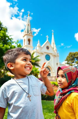 A scene depicting a five-year-old boy wearing a cross necklace, joyfully showing a beautiful church to a young Muslim girl