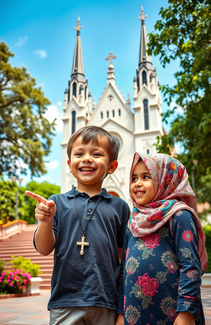 A scene depicting a five-year-old boy wearing a cross necklace, joyfully showing a beautiful church to a young Muslim girl