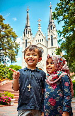 A scene depicting a five-year-old boy wearing a cross necklace, joyfully showing a beautiful church to a young Muslim girl