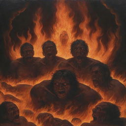 Emphasize the stark contrast between Heaven and Hell, showing inhabitants of Hell being consumed by flames, their faces reflecting sorrowful crying, framed against the backdrop of serene Heaven.