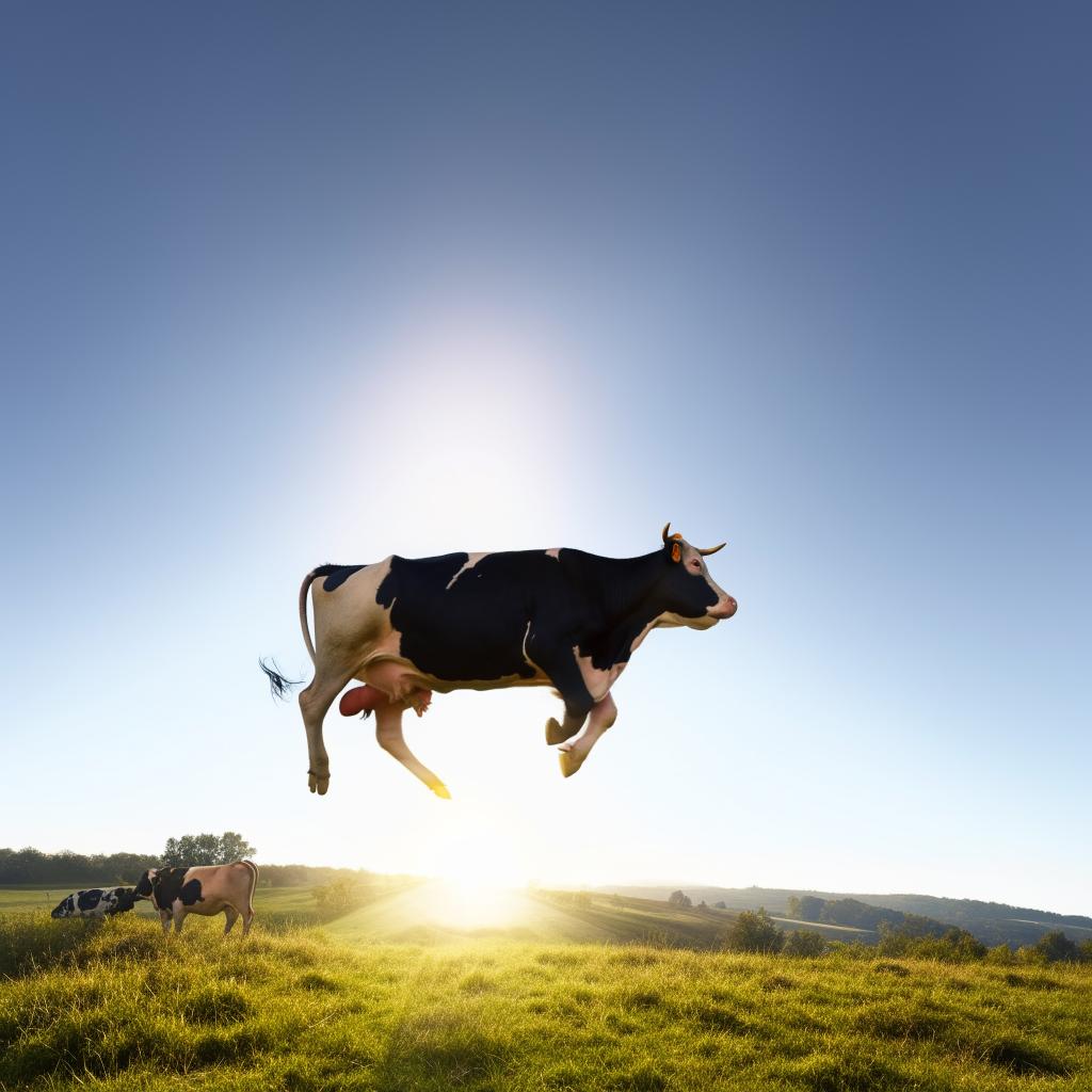 The same healthy cow now leaping elegantly over a radiant sun against a beautiful clear sky