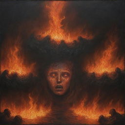 Emphasize the stark contrast between Heaven and Hell, showing inhabitants of Hell being consumed by flames, their faces reflecting sorrowful crying, framed against the backdrop of serene Heaven.