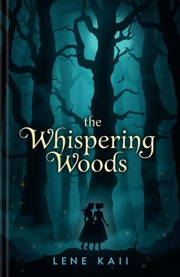 A captivating book cover depicting the dark, mystical forest known as the Whispering Woods, featuring towering, gnarled trees enveloped in a soft, eerie fog