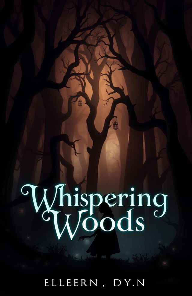 A captivating book cover depicting the dark, mystical forest known as the Whispering Woods, featuring towering, gnarled trees enveloped in a soft, eerie fog