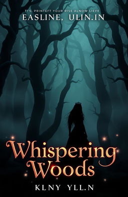 A captivating book cover depicting the dark, mystical forest known as the Whispering Woods, featuring towering, gnarled trees enveloped in a soft, eerie fog