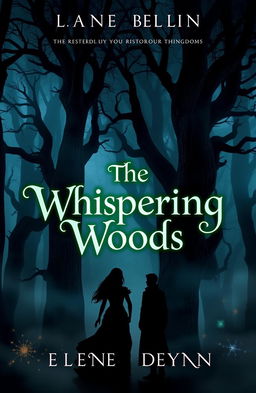 A captivating book cover depicting the dark, mystical forest known as the Whispering Woods, featuring towering, gnarled trees enveloped in a soft, eerie fog