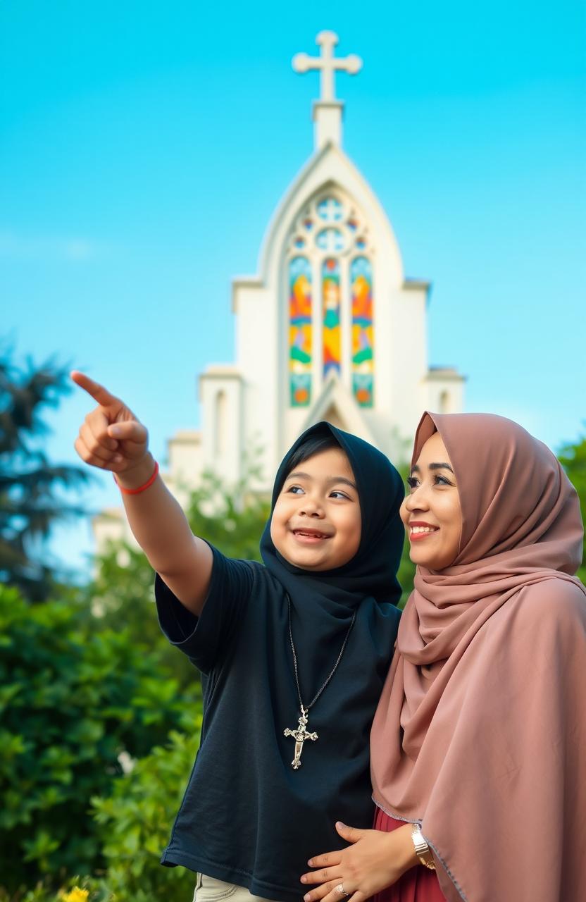 A heartfelt scene depicting a five-year-old boy with a cross necklace excitedly pointing towards a beautiful church, filled with colorful stained glass windows, while standing next to his mother, who is wearing a traditional Muslim hijab