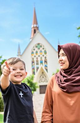 A heartfelt scene depicting a five-year-old boy with a cross necklace excitedly pointing towards a beautiful church, filled with colorful stained glass windows, while standing next to his mother, who is wearing a traditional Muslim hijab