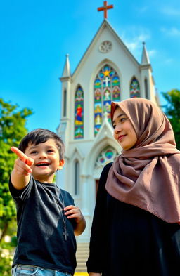 A heartfelt scene depicting a five-year-old boy with a cross necklace excitedly pointing towards a beautiful church, filled with colorful stained glass windows, while standing next to his mother, who is wearing a traditional Muslim hijab