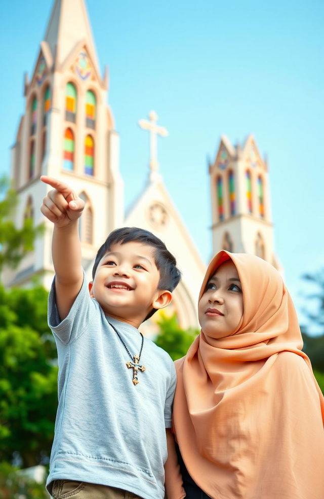 A heartfelt scene depicting a five-year-old boy with a cross necklace excitedly pointing towards a beautiful church, filled with colorful stained glass windows, while standing next to his mother, who is wearing a traditional Muslim hijab