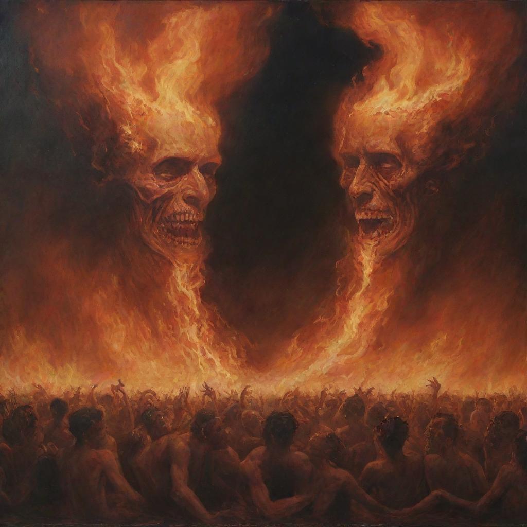 Emphasize the stark contrast between Heaven and Hell, showing inhabitants of Hell being consumed by flames, their faces reflecting sorrowful crying, framed against the backdrop of serene Heaven.