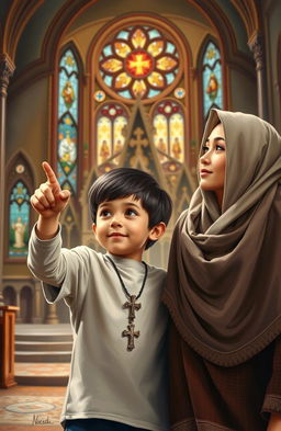 A heartfelt scene depicting a five-year-old boy wearing a cross necklace, enthusiastically pointing towards a beautiful church while standing beside his Muslim mother