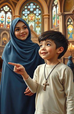 A heartfelt scene depicting a five-year-old boy wearing a cross necklace, enthusiastically pointing towards a beautiful church while standing beside his Muslim mother