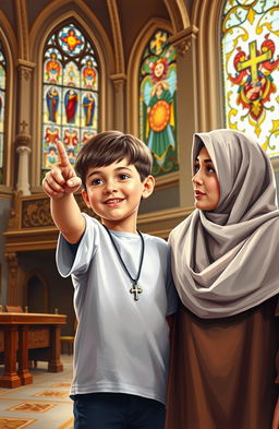 A heartfelt scene depicting a five-year-old boy wearing a cross necklace, enthusiastically pointing towards a beautiful church while standing beside his Muslim mother