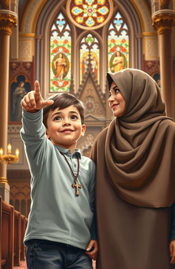 A heartfelt scene depicting a five-year-old boy wearing a cross necklace, enthusiastically pointing towards a beautiful church while standing beside his Muslim mother